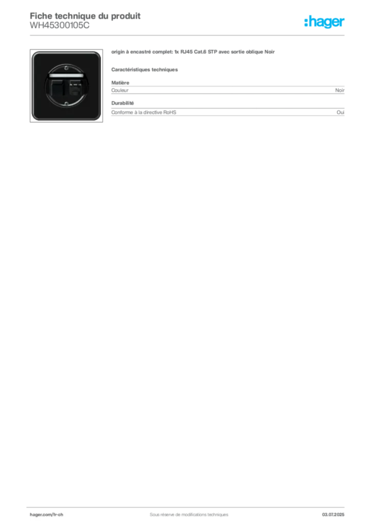 Image Hager Fiche technique du produit WH45300105C | Hager Suisse