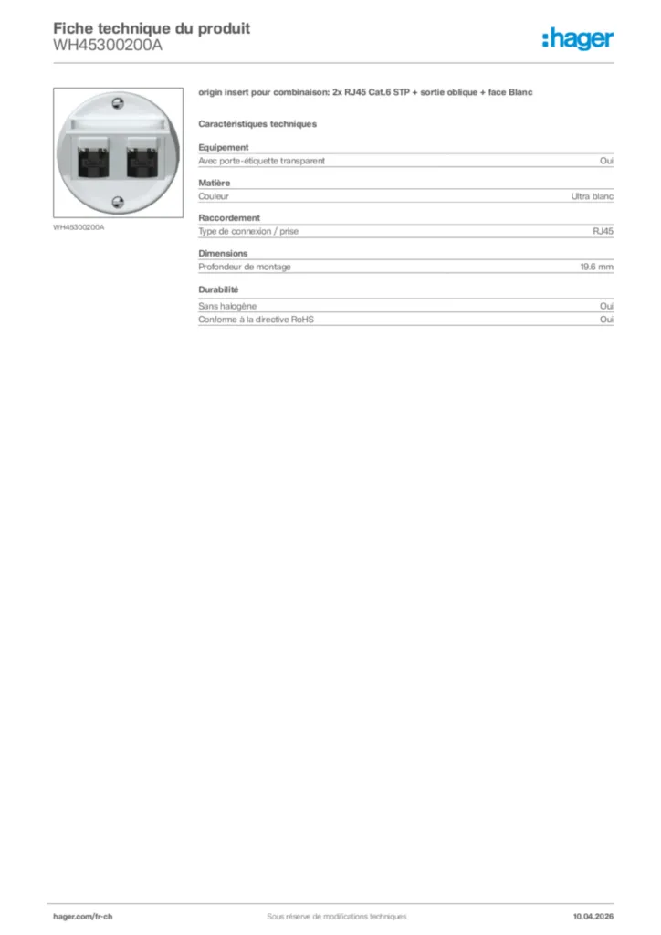 Image Hager Fiche technique du produit WH45300200A | Hager Suisse