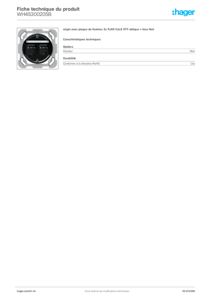 Image Hager Fiche technique du produit WH45300205B | Hager Suisse