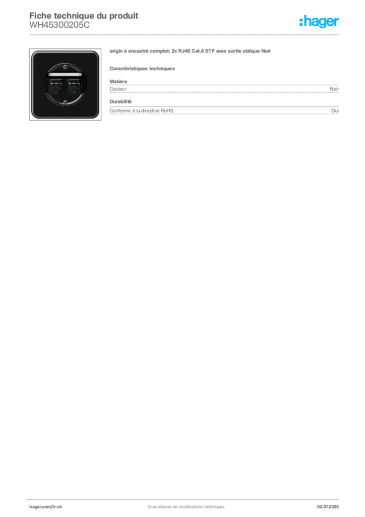 Image Hager Fiche technique du produit WH45300205C | Hager Suisse