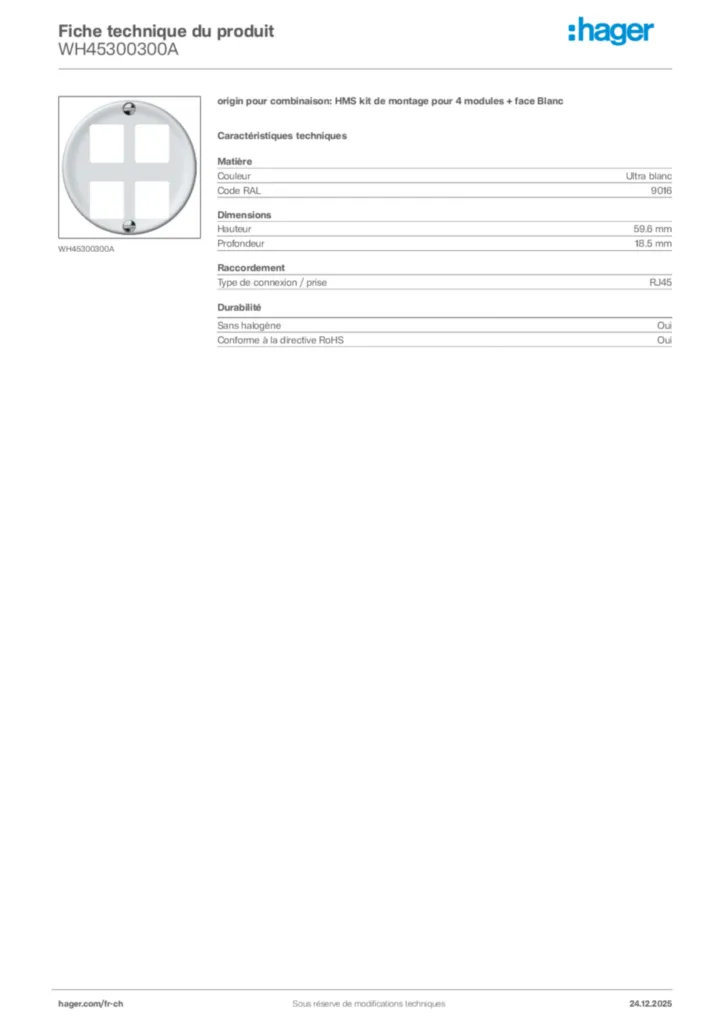 Image Hager Fiche technique du produit WH45300300A | Hager Suisse