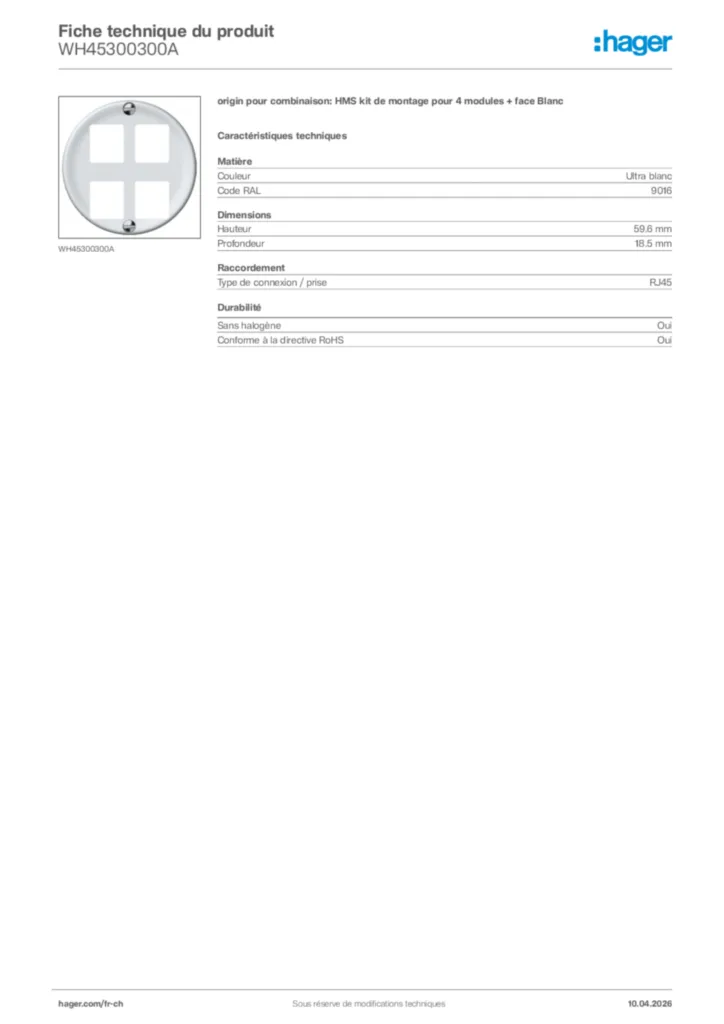 Image Hager Fiche technique du produit WH45300300A | Hager Suisse
