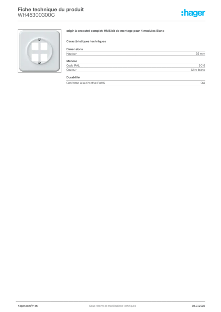 Image Hager Fiche technique du produit WH45300300C | Hager Suisse