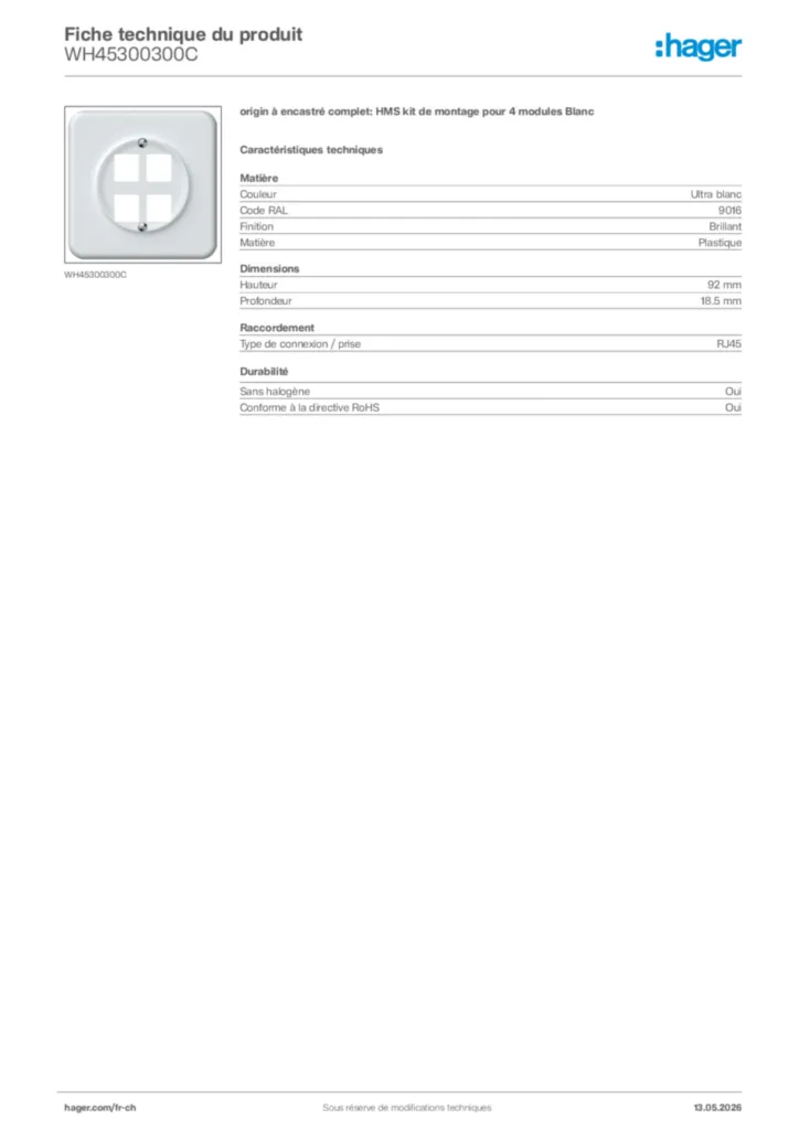 Image Hager Fiche technique du produit WH45300300C | Hager Suisse