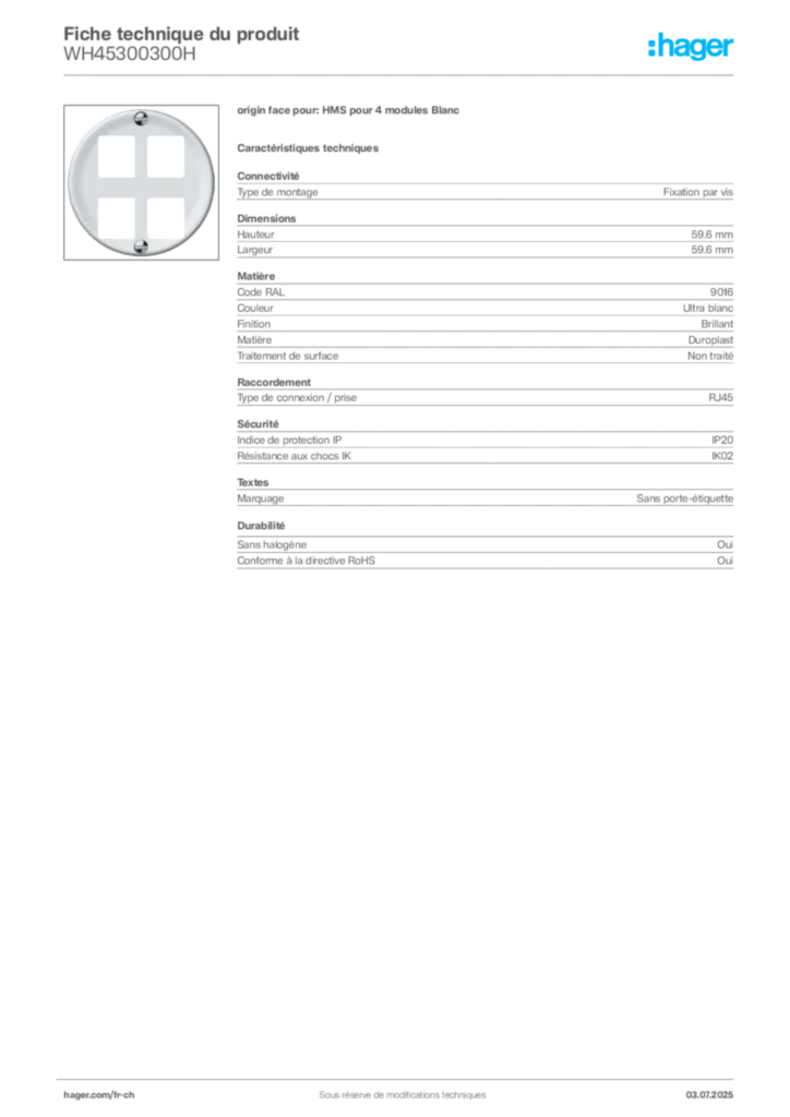 Image Hager Fiche technique du produit WH45300300H | Hager Suisse