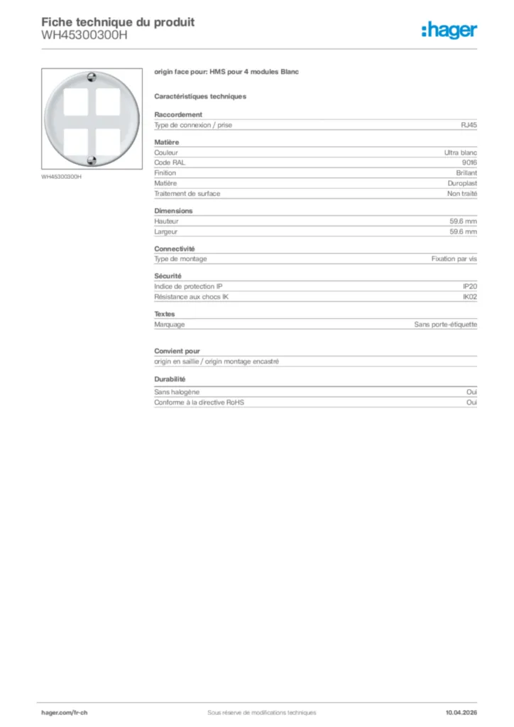 Image Hager Fiche technique du produit WH45300300H | Hager Suisse