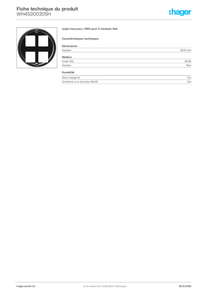 Image Hager Fiche technique du produit WH45300305H | Hager Suisse