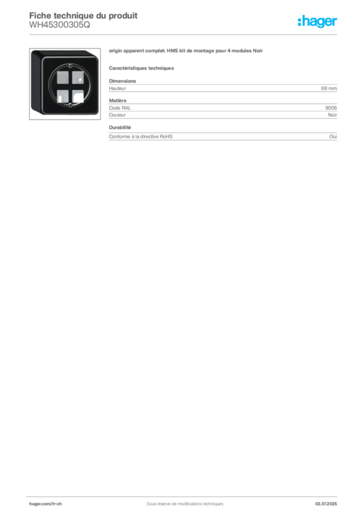 Image Hager Fiche technique du produit WH45300305Q | Hager Suisse