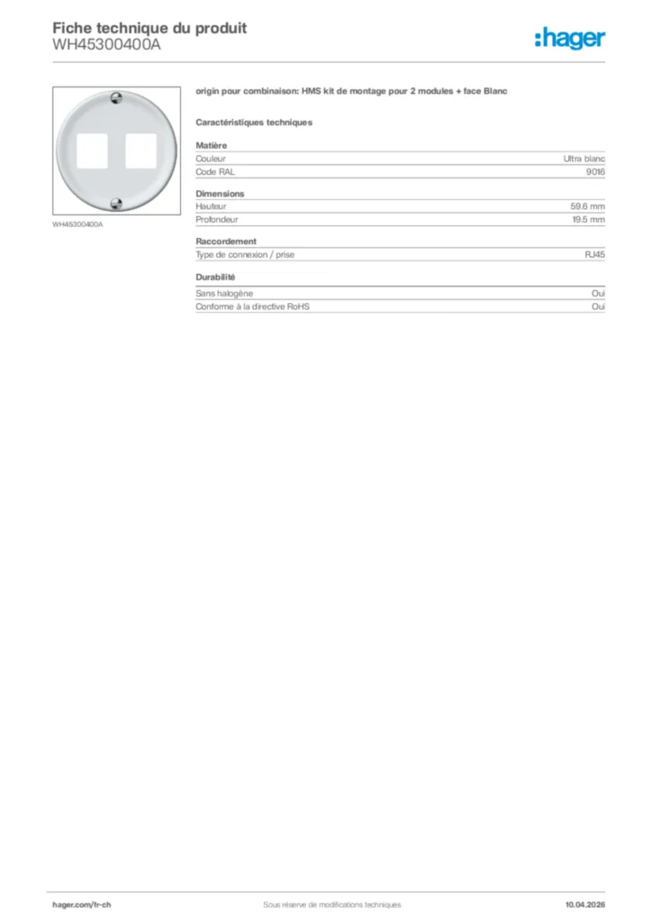 Image Hager Fiche technique du produit WH45300400A | Hager Suisse