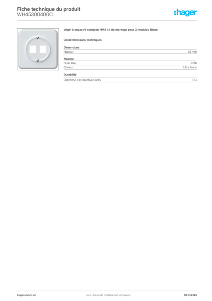 Image Hager Fiche technique du produit WH45300400C | Hager Suisse