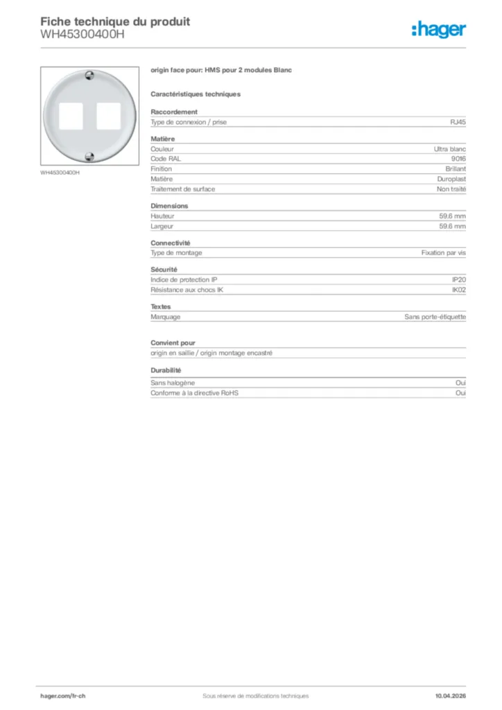 Image Hager Fiche technique du produit WH45300400H | Hager Suisse