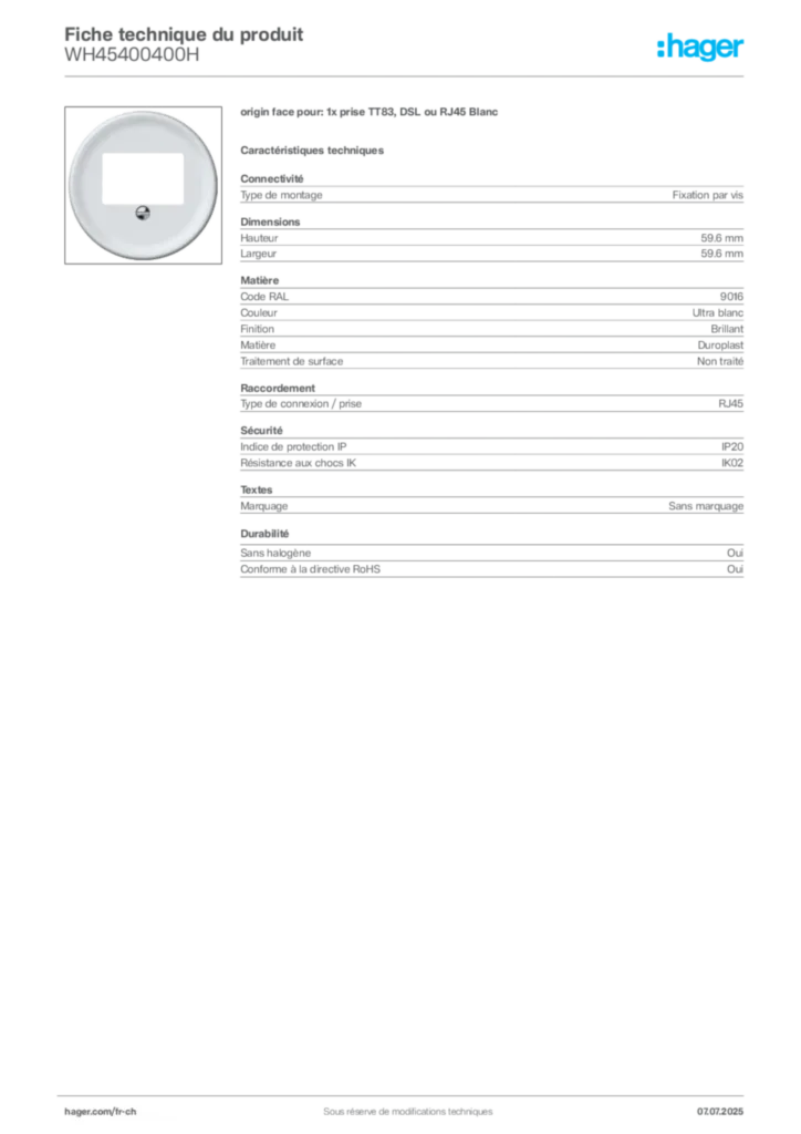 Image Hager Fiche technique du produit WH45400400H | Hager Suisse