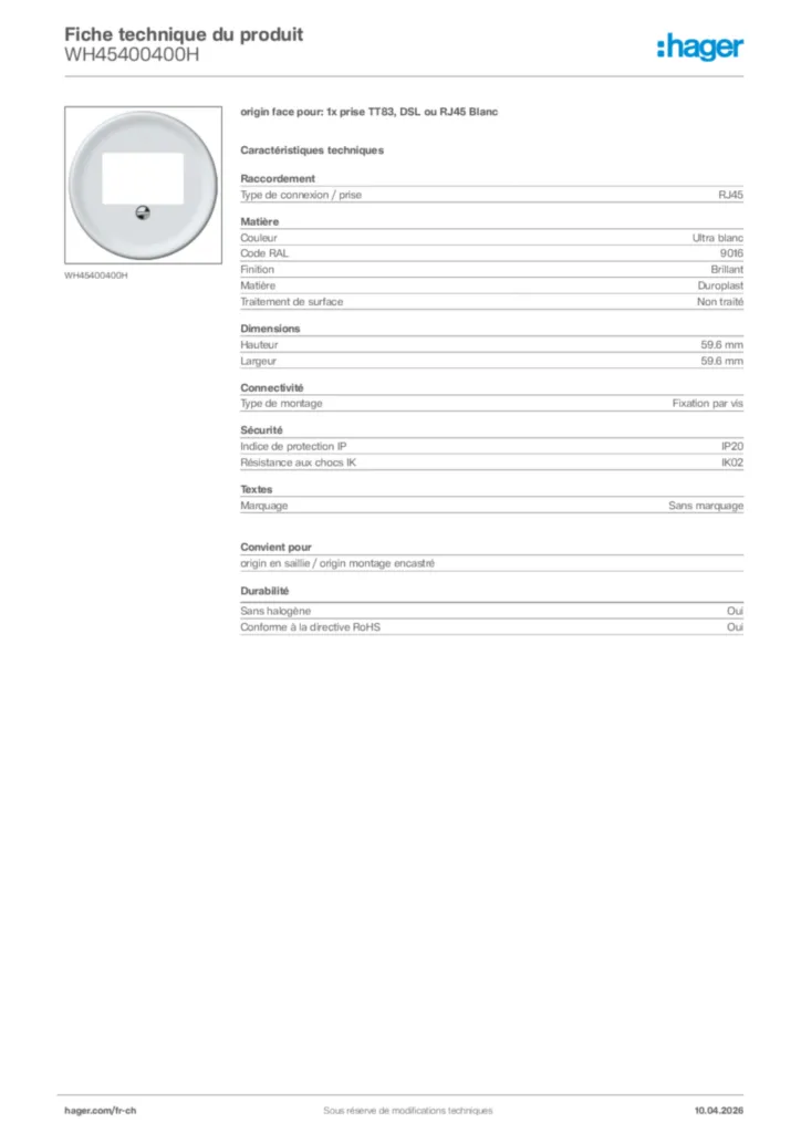 Image Hager Fiche technique du produit WH45400400H | Hager Suisse