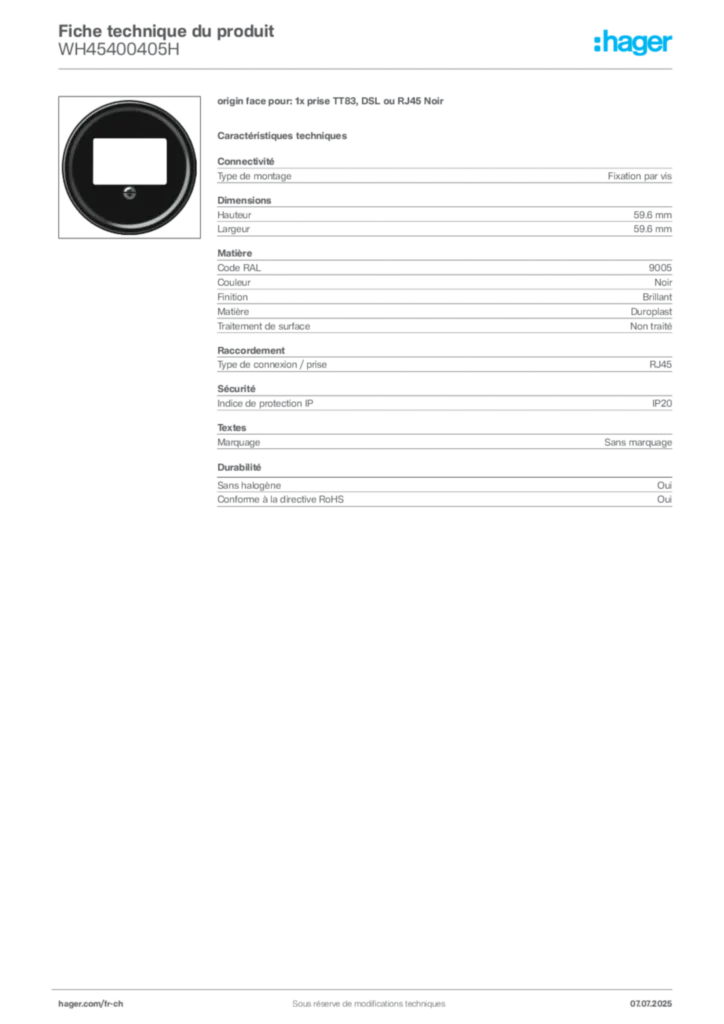 Image Hager Fiche technique du produit WH45400405H | Hager Suisse