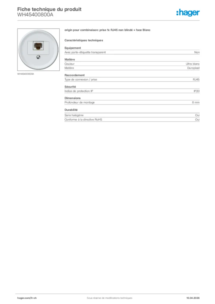 Image Hager Fiche technique du produit WH45400800A | Hager Suisse