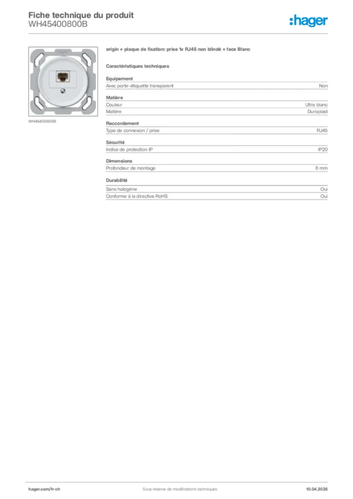 Image Hager Fiche technique du produit WH45400800B | Hager Suisse