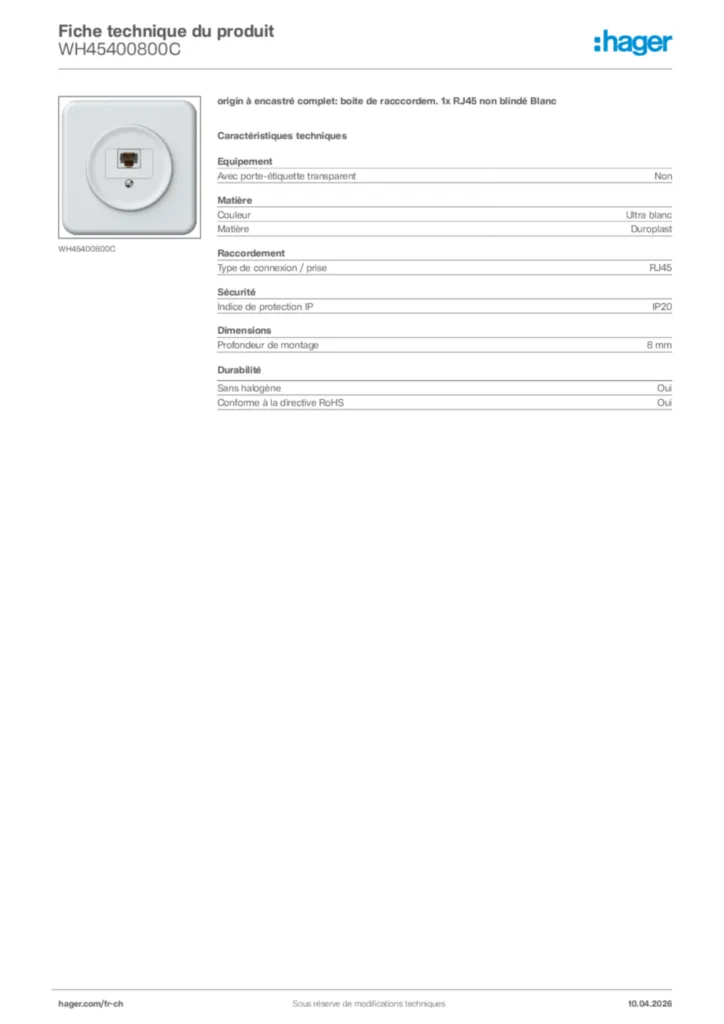 Image Hager Fiche technique du produit WH45400800C | Hager Suisse