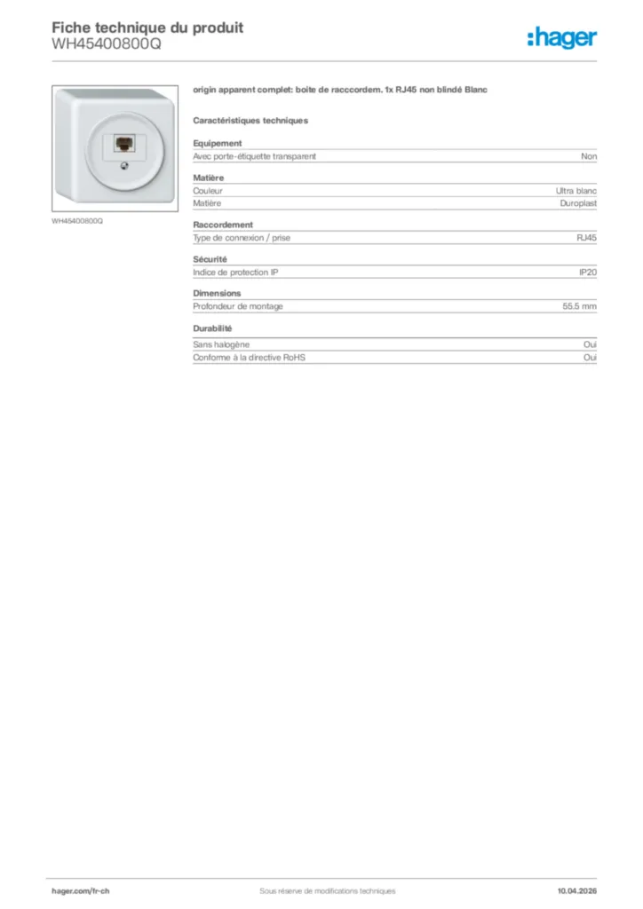 Image Hager Fiche technique du produit WH45400800Q | Hager Suisse