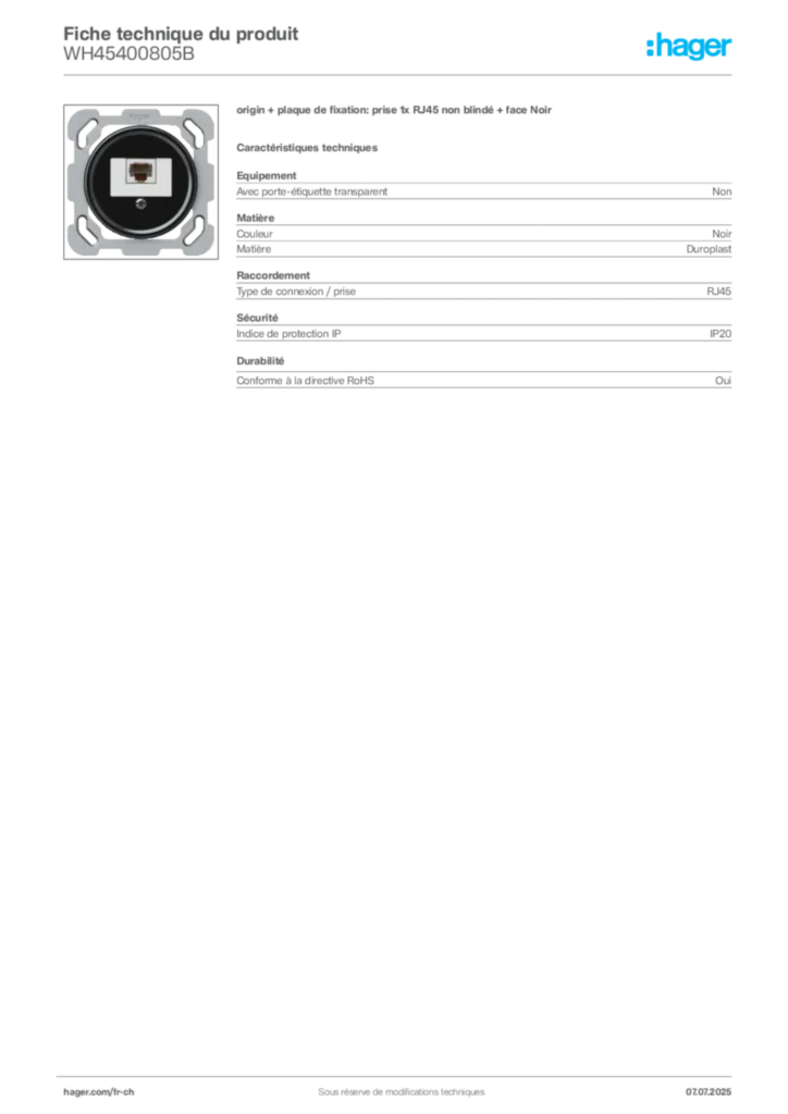 Image Hager Fiche technique du produit WH45400805B | Hager Suisse