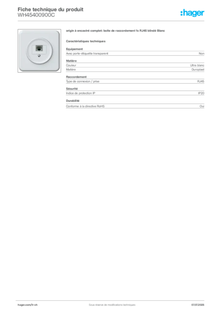 Image Hager Fiche technique du produit WH45400900C | Hager Suisse