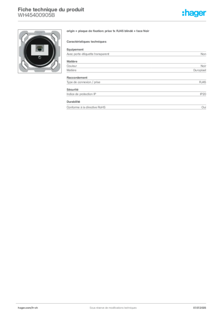 Image Hager Fiche technique du produit WH45400905B | Hager Suisse
