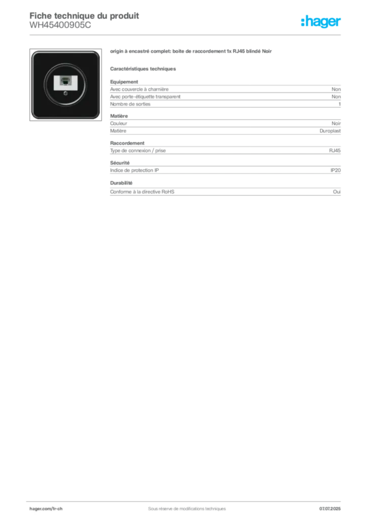 Image Hager Fiche technique du produit WH45400905C | Hager Suisse