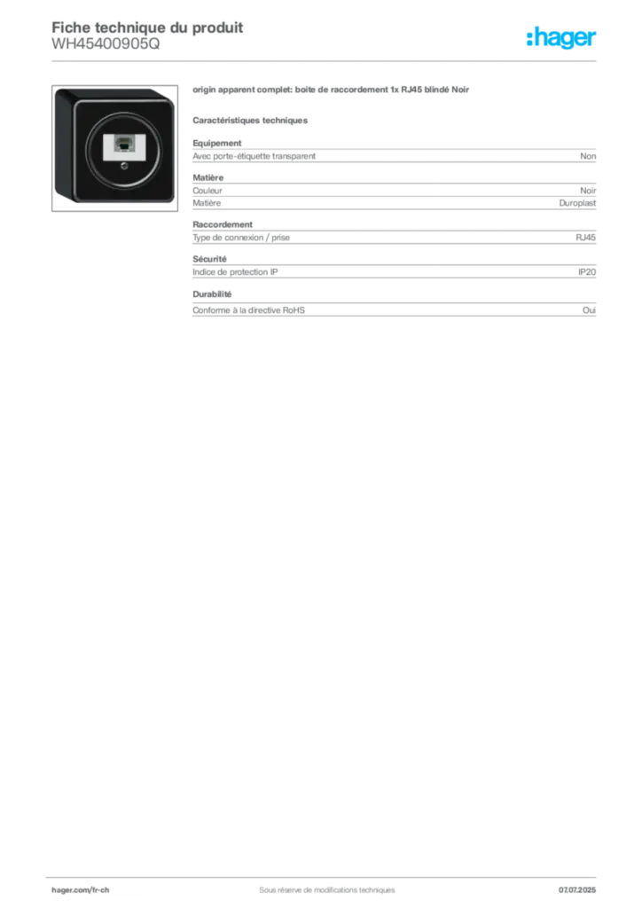 Image Hager Fiche technique du produit WH45400905Q | Hager Suisse