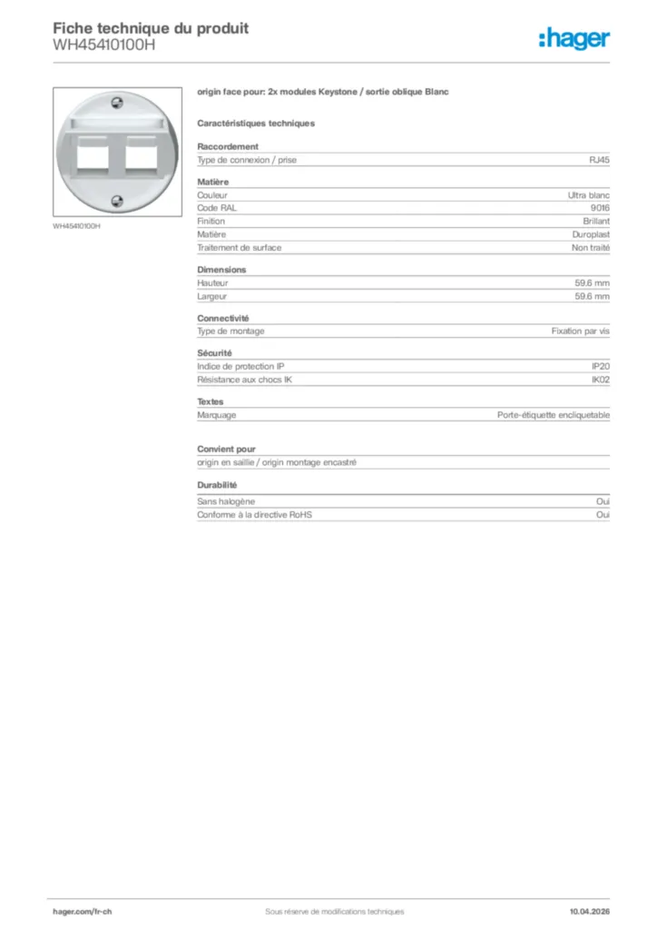 Image Hager Fiche technique du produit WH45410100H | Hager Suisse