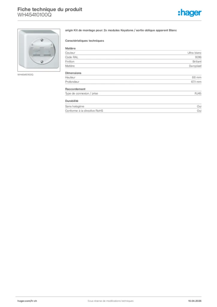 Image Hager Fiche technique du produit WH45410100Q | Hager Suisse