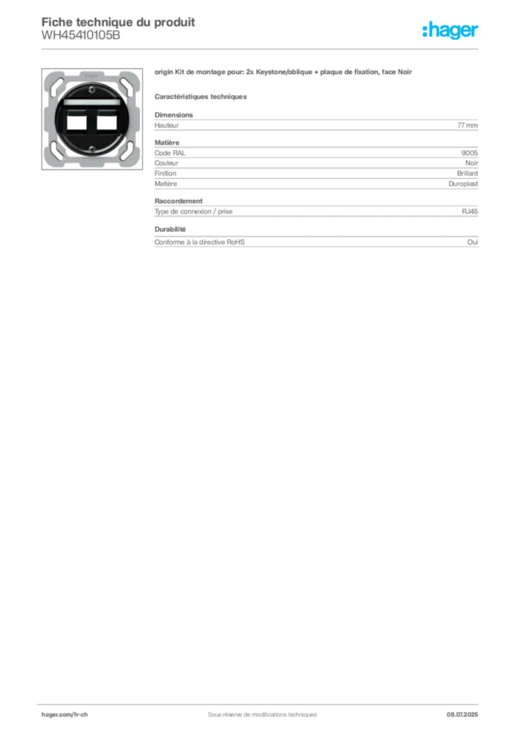 Image Hager Fiche technique du produit WH45410105B | Hager Suisse