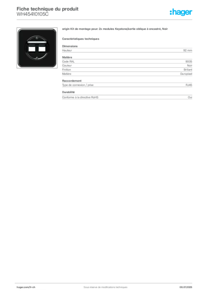 Image Hager Fiche technique du produit WH45410105C | Hager Suisse