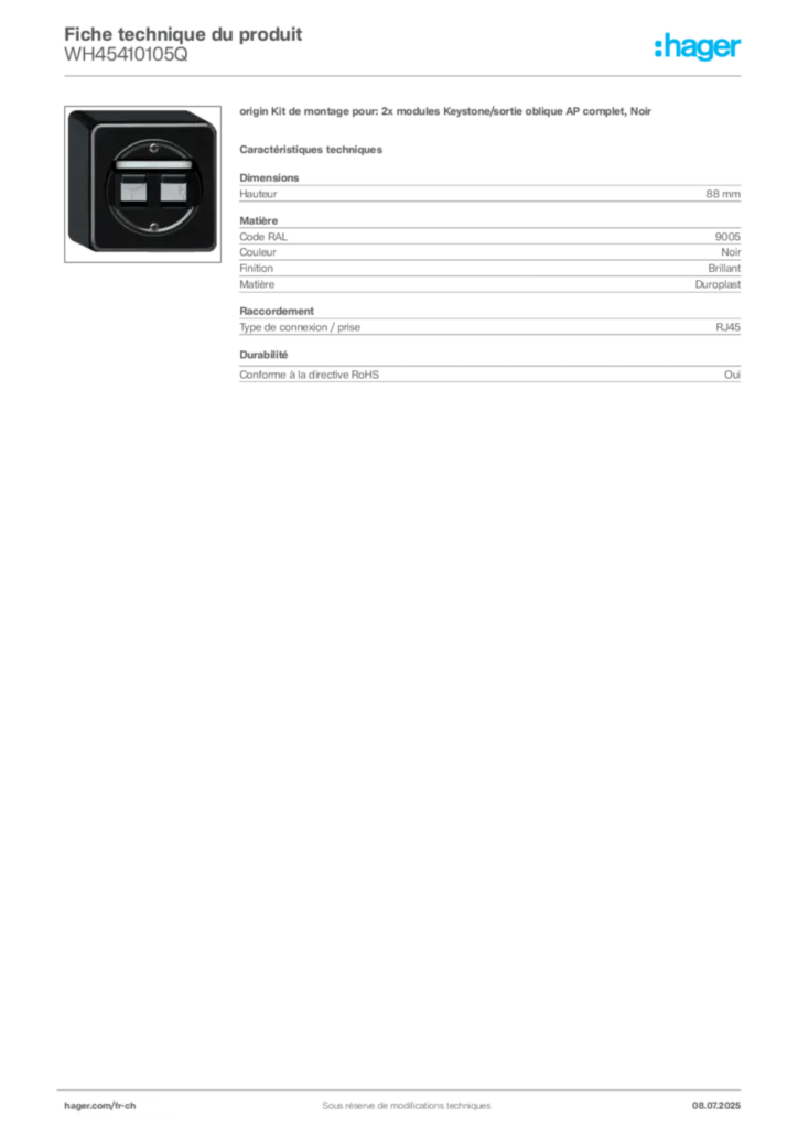 Image Hager Fiche technique du produit WH45410105Q | Hager Suisse