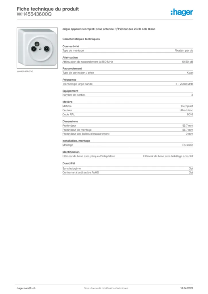 Image Hager Fiche technique du produit WH45543600Q | Hager Suisse