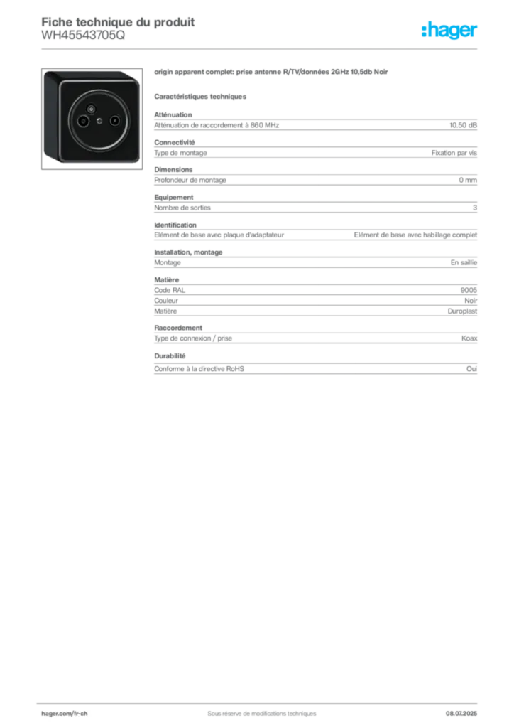 Image Hager Fiche technique du produit WH45543705Q | Hager Suisse