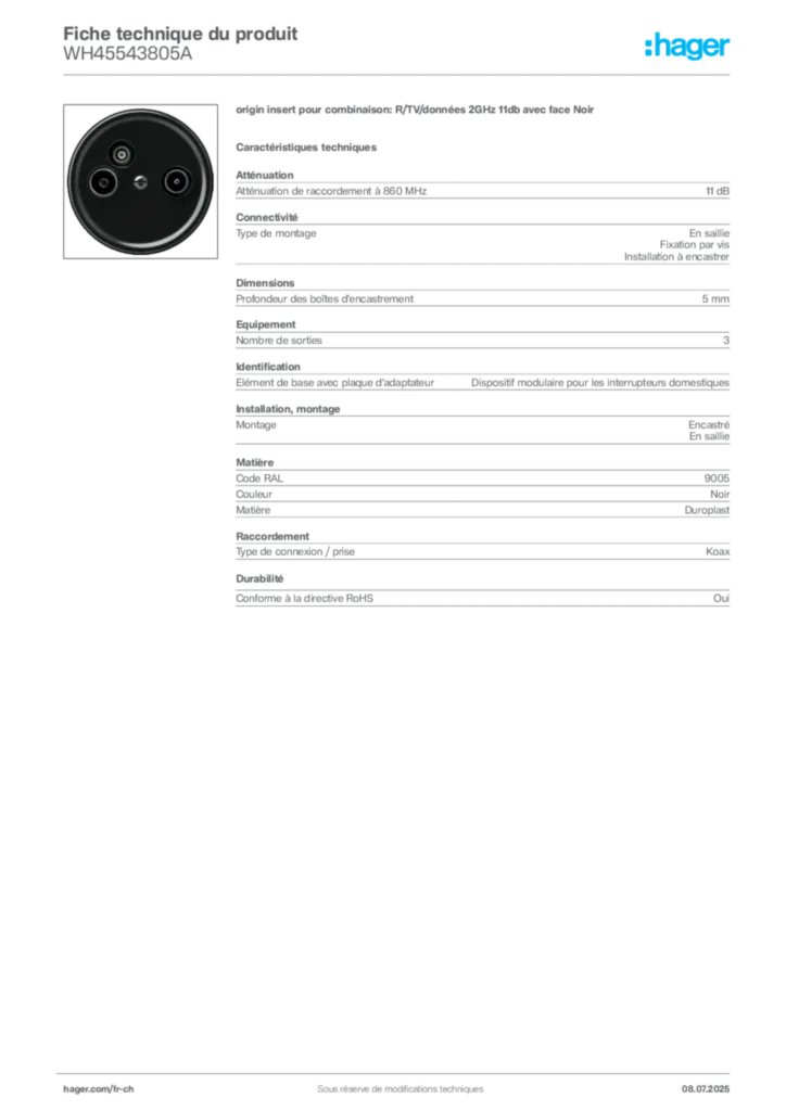 Image Hager Fiche technique du produit WH45543805A | Hager Suisse