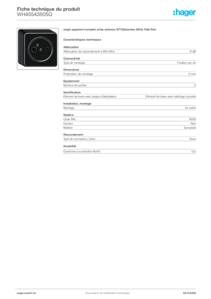 Image Hager Fiche technique du produit WH45543805Q | Hager Suisse