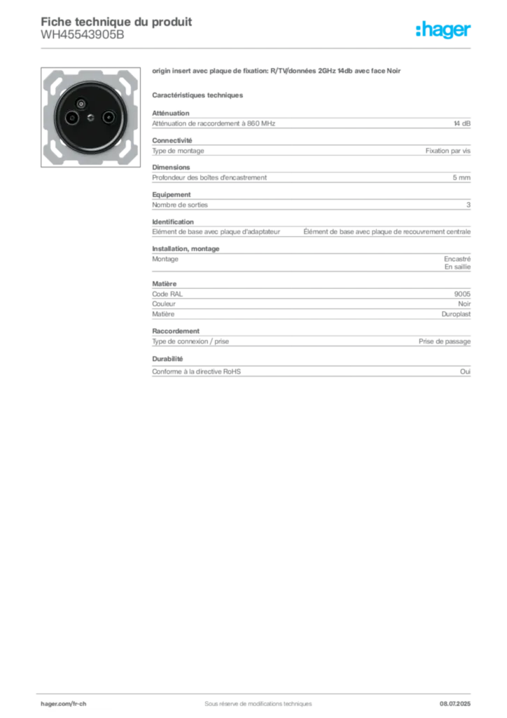 Image Hager Fiche technique du produit WH45543905B | Hager Suisse