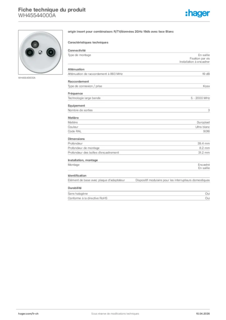 Image Hager Fiche technique du produit WH45544000A | Hager Suisse
