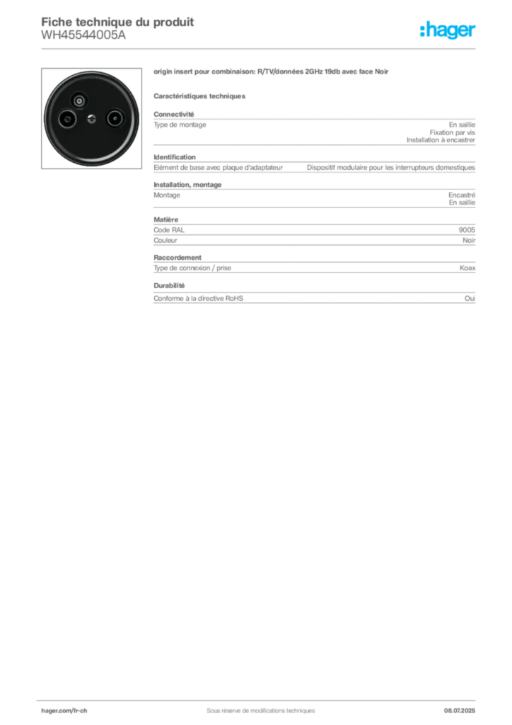 Image Hager Fiche technique du produit WH45544005A | Hager Suisse
