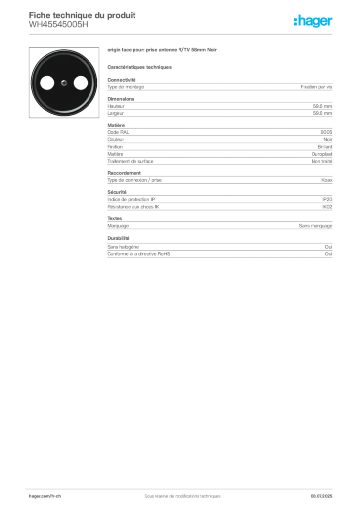 Image Hager Fiche technique du produit WH45545005H | Hager Suisse