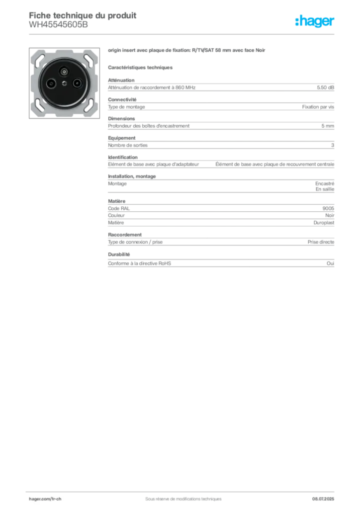 Image Hager Fiche technique du produit WH45545605B | Hager Suisse