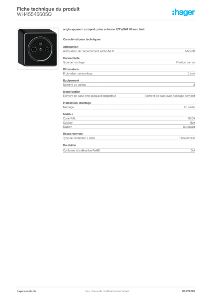 Image Hager Fiche technique du produit WH45545605Q | Hager Suisse