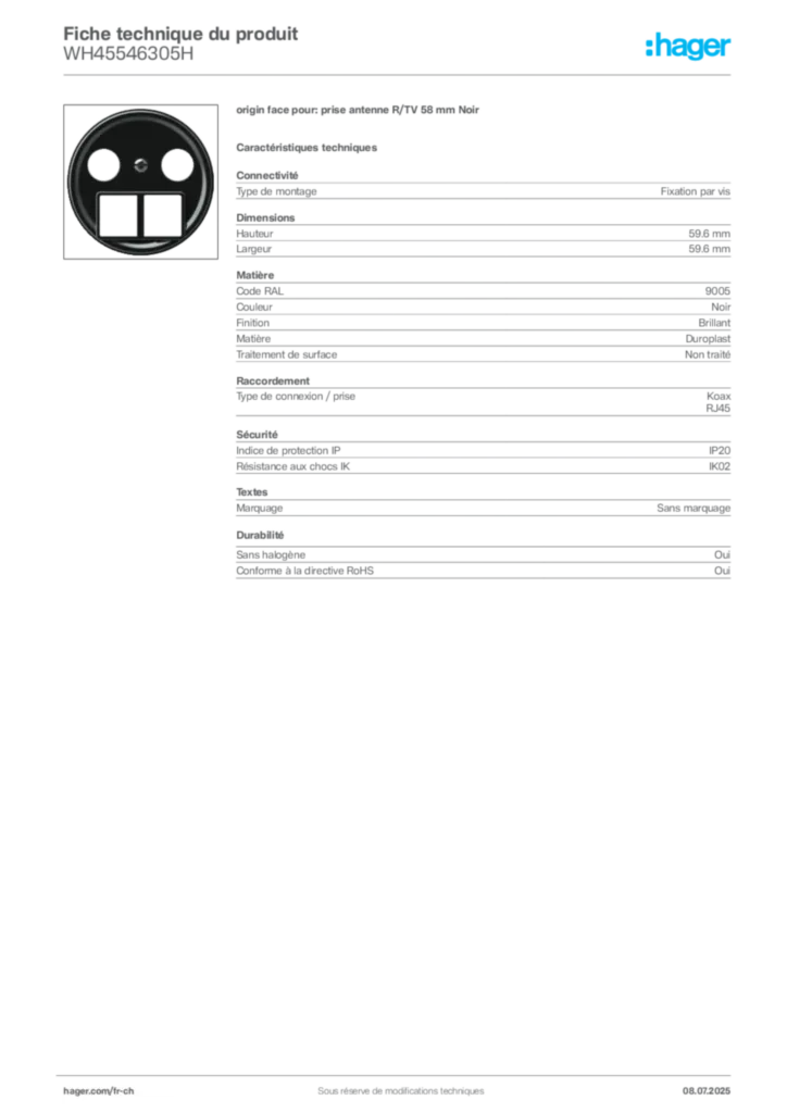 Image Hager Fiche technique du produit WH45546305H | Hager Suisse