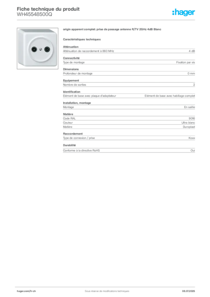 Image Hager Fiche technique du produit WH45548500Q | Hager Suisse