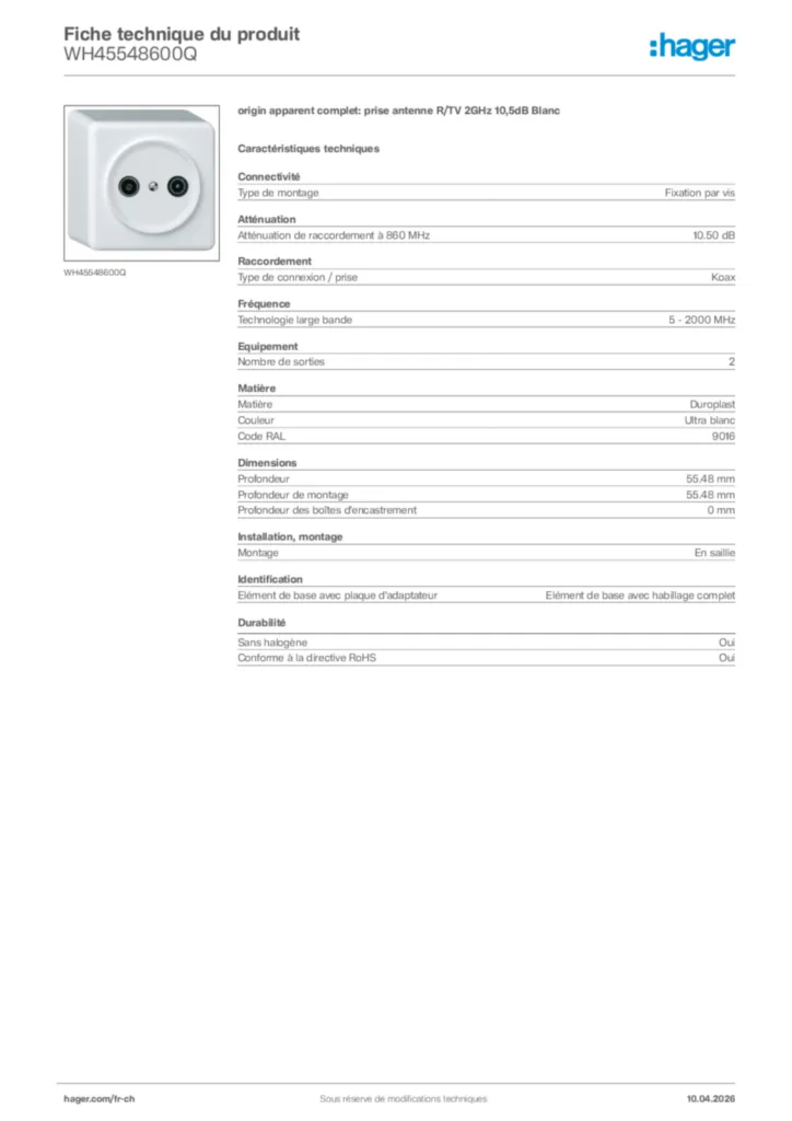 Image Hager Fiche technique du produit WH45548600Q | Hager Suisse