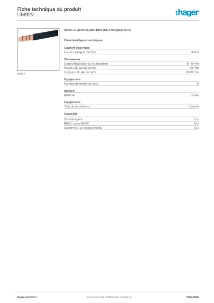 Image Hager Fiche technique du produit UM92V | Hager Afrique