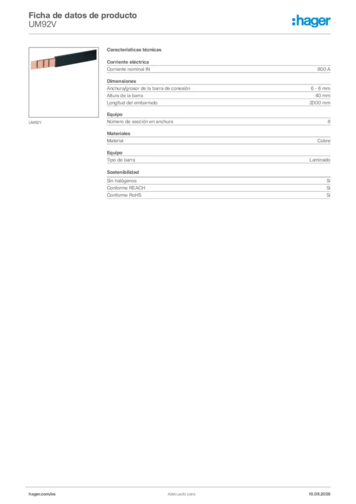 Imagen Hager Ficha de datos de producto UM92V | Hager España