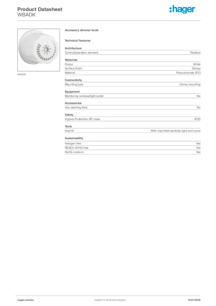 Image Hager Product data sheet WBADK  | Hager Australia
