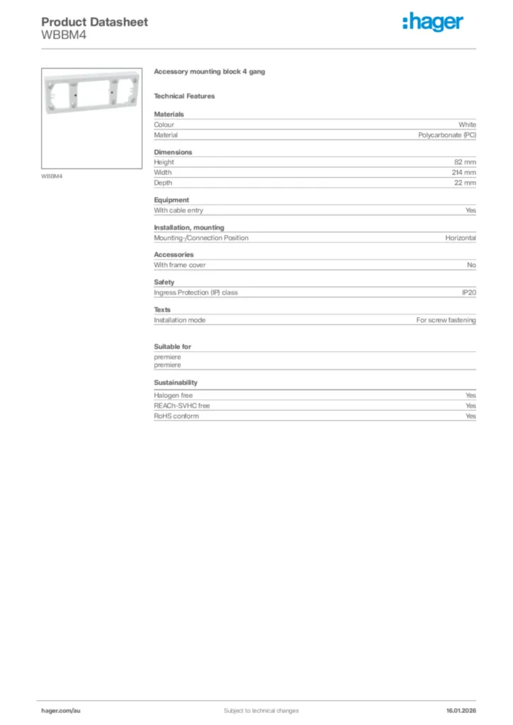 Image Hager Product data sheet WBBM4  | Hager Australia