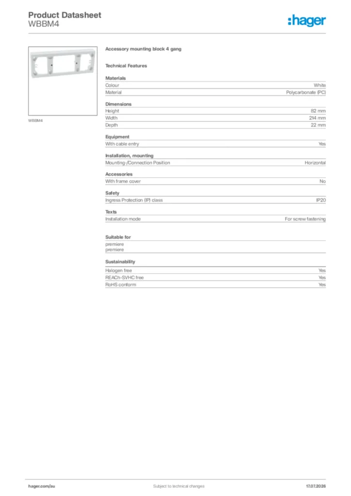 Image Hager Product data sheet WBBM4  | Hager Australia